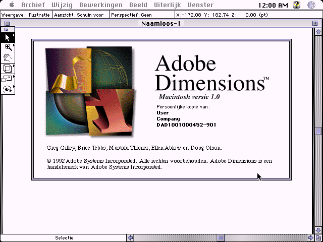 Adobe Dimensions 1.0 for Macintosh - Splash