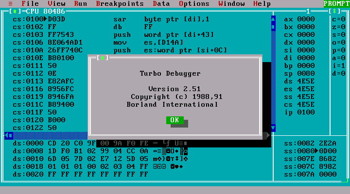 WinWorld: Borland CPP 2.0 - Turbo Debugger