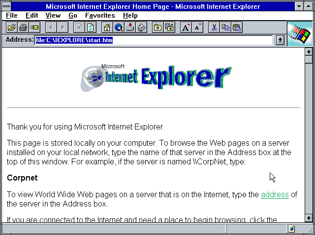 Microsoft Internet Explorer 2.01 for Windows 3.1 - Start