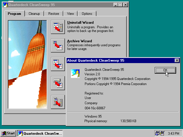 CleanSweep 95 version 2.0 - About