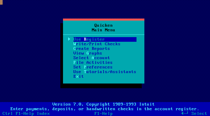 Quicken 7.0 for DOS - Menu