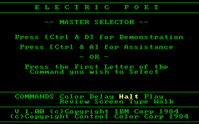 IBM Electric Poet 1.00 - Menu