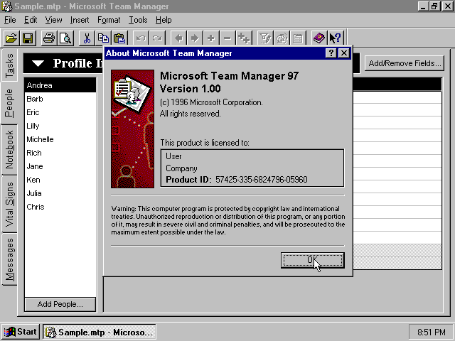 Microsoft Team Manager 97 - About