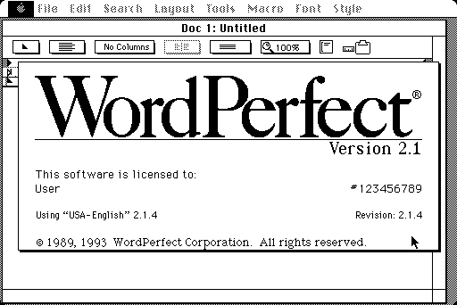 WordPerfect 2.1.4 for Macintosh - Splash
