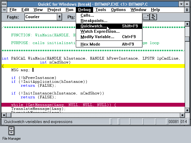 Microsoft Quick C 1.00 for Windows - Debug