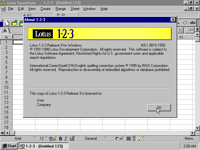 Lotus 1-2-3 9.1 for Windows - About