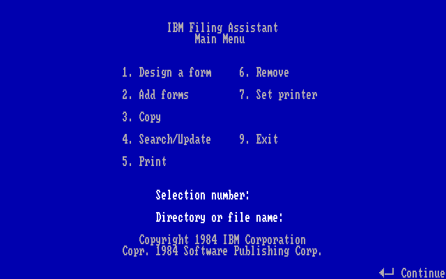 IBM Filing Assistant 1.00 - Menu