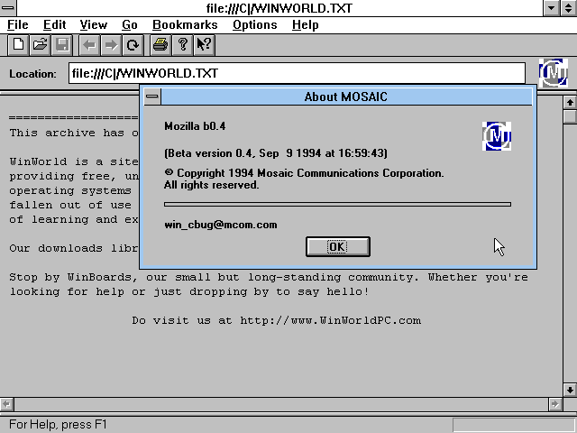 Netscape Navigator 0.4 Beta - About