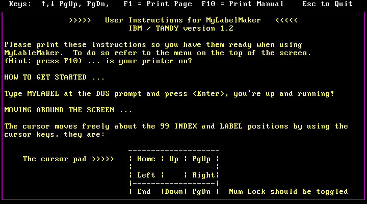 MyLabelMaker 1.2 for IBM and Tandy - Readme