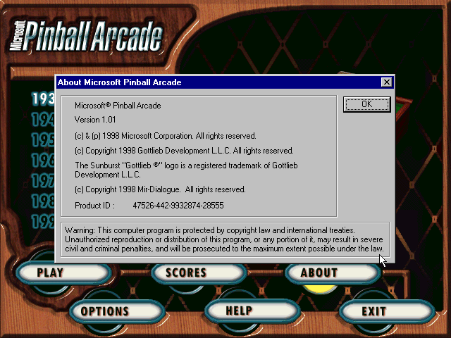 Microsoft Pinball Arcade 1.01 - About
