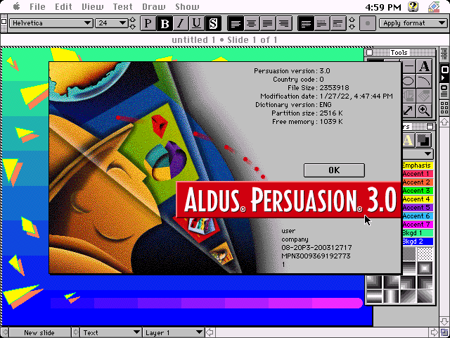 Aldus Persuasion 3.0 for Macintosh - About