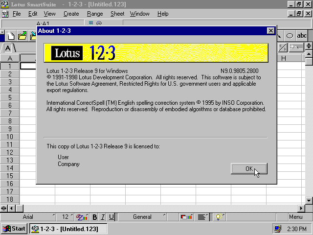 Lotus 1-2-3 9.0 - About