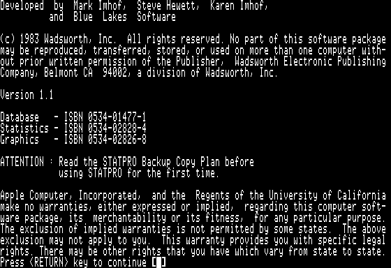Statpro for Apple II - Splash 2
