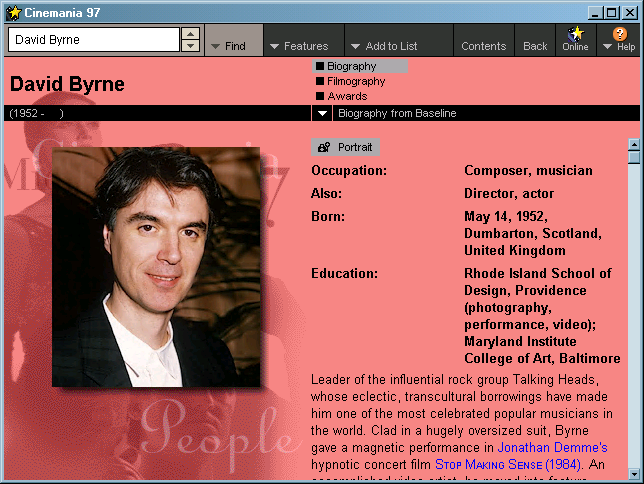 The entry for David Byrne. A picture is provided, and articles about other persons can include clips.