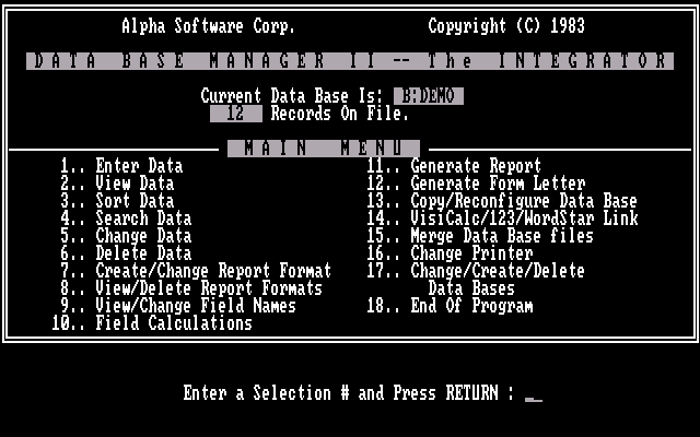 Data Base Manager II 1.01 - Menu