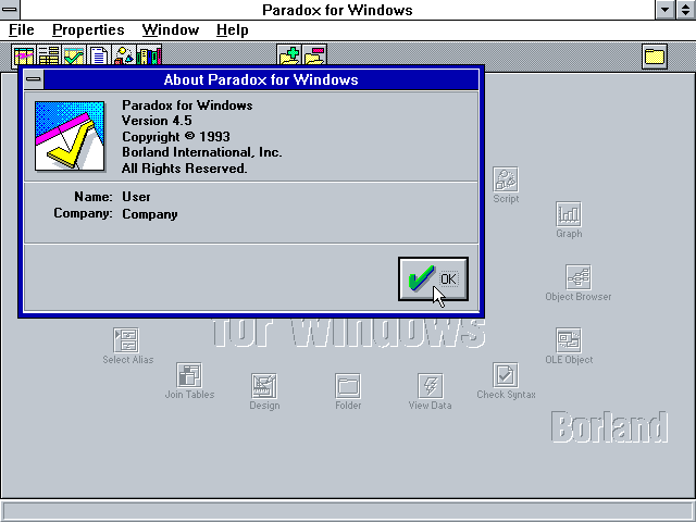 Paradox 4.5 for Windows - About