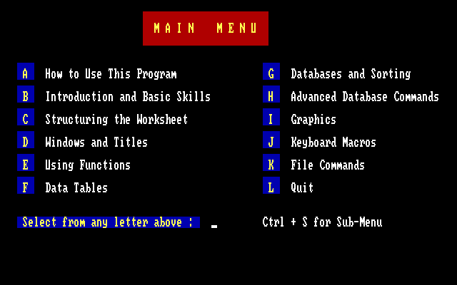 Individual Training for Lotus 1-2-3 - Menu