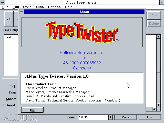 Aldus Type Twister 1.0 - About
