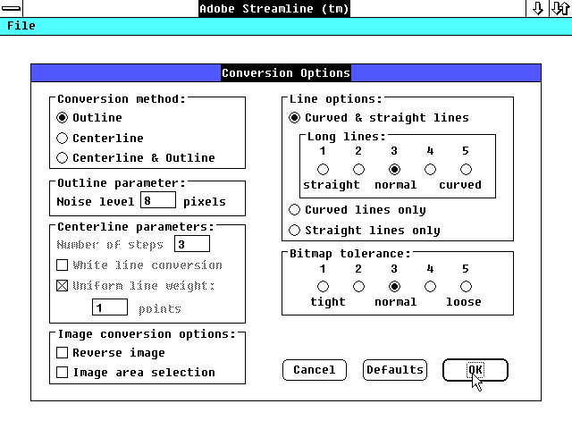 Adobe Streamline 1.0 - Settings