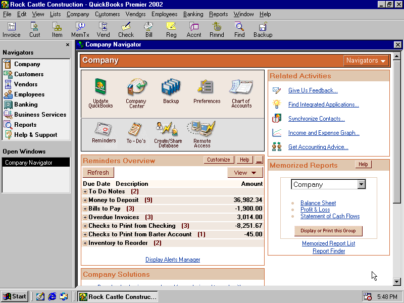 QuickBooks Premier 2002 - Menu