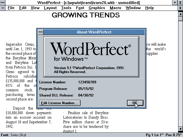 WordPerfect 5.1 for Windows - About