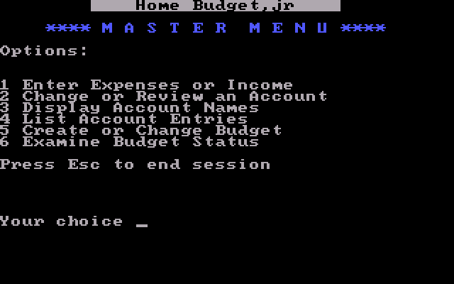 IBM Home Budget Jr 1.00 - Menu
