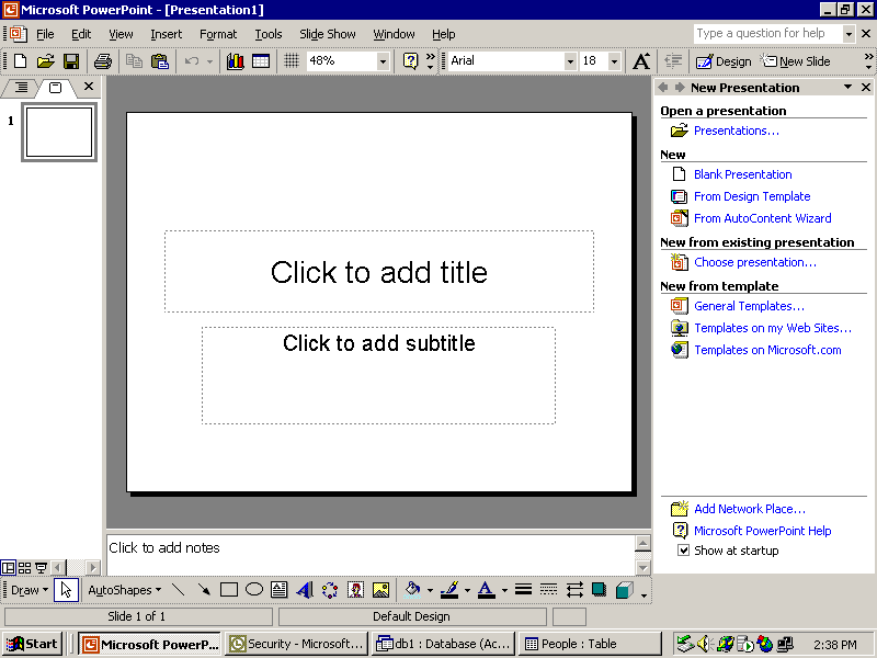 PowerPoint 2002 with the task pane and single-row toolbars.